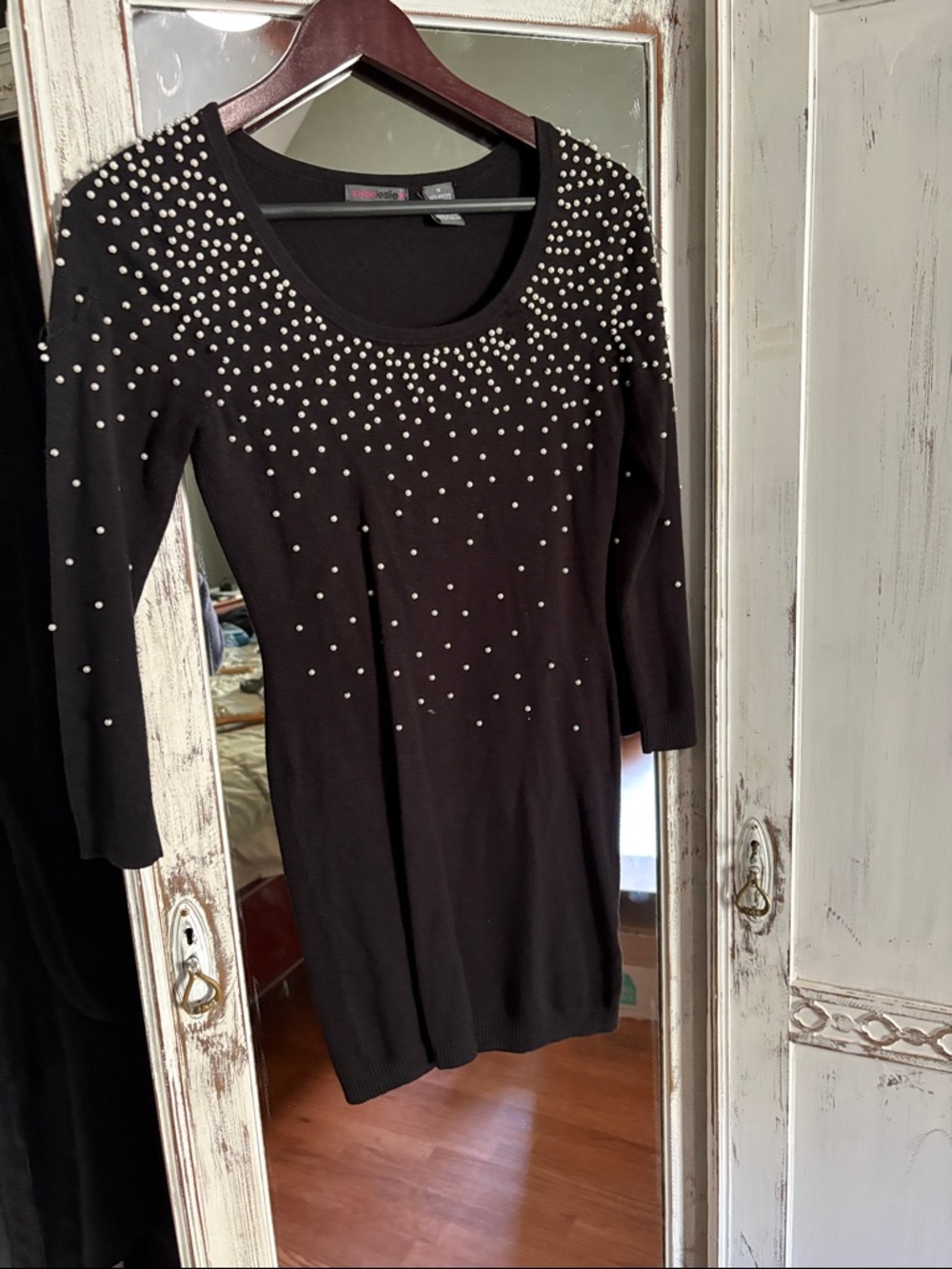 Beaded Black Sweater Dress with Pearl Accents